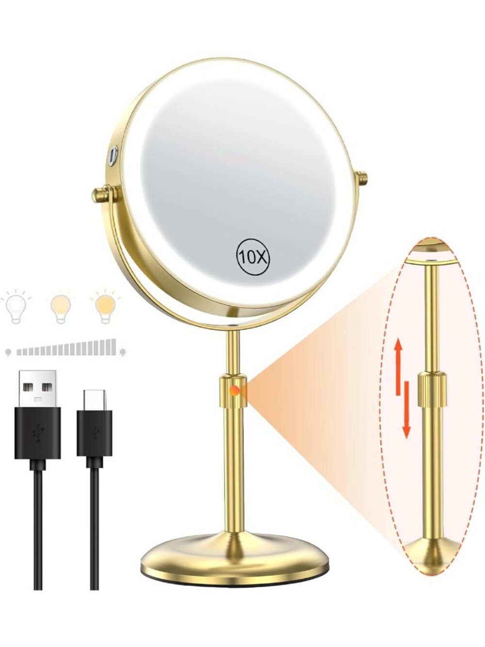 7” LED Lighted Makeup Mirror - 3 Color Modes, 10X Magnification, Adjustable
